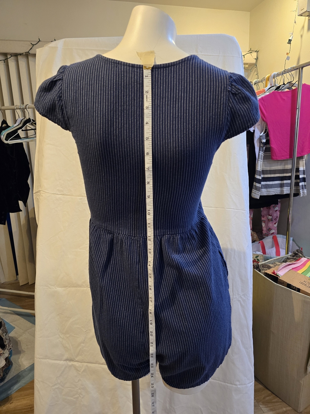 Women’s Navy Blue Pinstripe Puff Sleeve Romper
